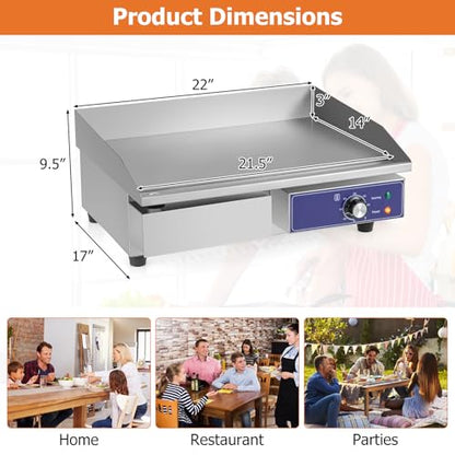 Happygrill 22" Commercial Electric Griddle, Stainless Steel Flat Top Grill w/Adjustable Temperature Control 122℉-572℉, Complete Accessories, 2000 W Electric Countertop Griddle for Kitchen Restaurant