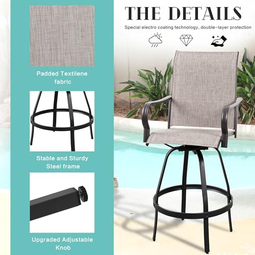Vongrasig 5 Piece Patio Swivel Bar Set, All Weather Mental Textilene High Swivel Bar Stools Chair Set of 4 and Glass Bar Table, Outdoor High Top Bistro Set for Lawn Garden, Balcony, Taupe