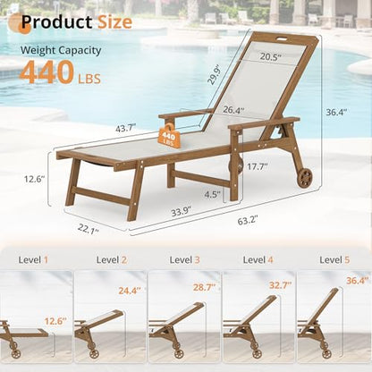 LUE BONA Chaise Lounge Chair Outdoor Set of 2, HDPS and HDPE Wicker Chaise Lounger with 5 Positions, Pool Lounge Chairs with Wheels and Adjustable Backrest for Patio, Poolside, Deck, Backyard