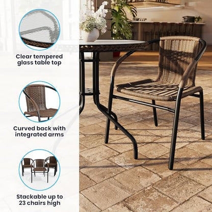 Flash Furniture Lila 28'' Round Glass Metal Table with Dark Brown Rattan Edging and 2 Dark Brown Rattan Stack Chairs