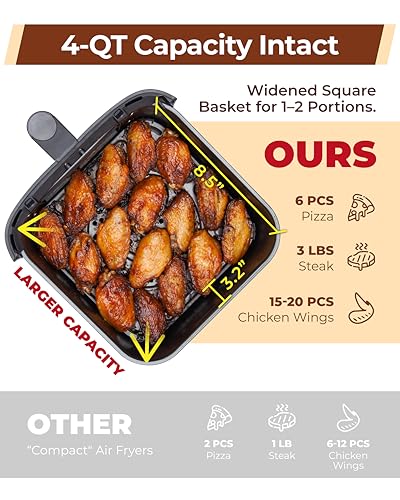 Cartman 4QT Compact Air Fryer, Ultra-Flat 6.7" Height Small Airfryer, Adjustable Airflow Design, Viewing Window, Up to 450℉, 7 Presets Touchscreen, Portable Air Fryer, Black