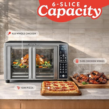 Gourmia Air Fryer French Door Toaster Oven - 6-Slice Capacity, LED Display with 19 Cooking Presets, Stainless Steel