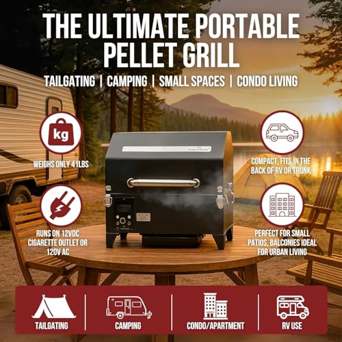 Portable Electric Smoker Grill by Freedom Stoves – 12V/120V Pellet BBQ for Camping, Tailgating & Backyard | Digital Control, Dual Probes, 8.5LB Hopper