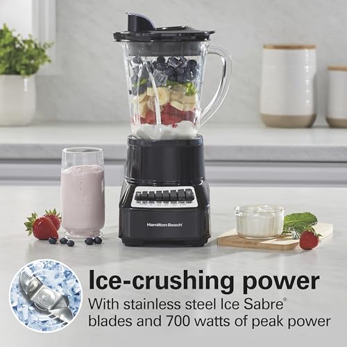 Hamilton Beach Wave Crusher Blender for Smoothies With 40 Oz Glass Jar and 14 Functions, Ice Sabre Blades & 700 Watts for Consistently Smooth Results, Black & Stainless Steel (54220)