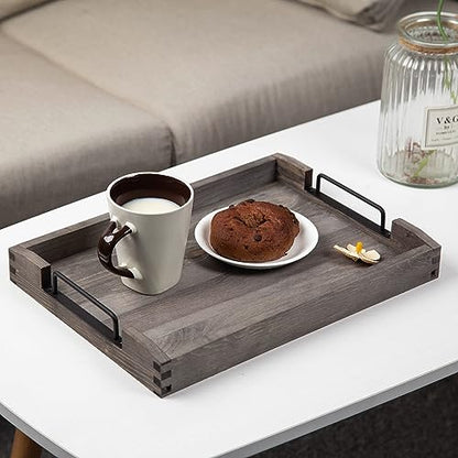 VERGOODR Country Rustic Torched Wood Nesting Breakfast Serving Trays with Handles, Set of 3 (Dark Grey)