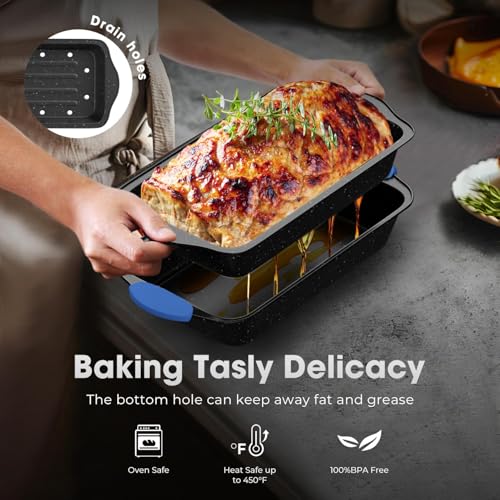 11-Piece Professional Stackable Baking Set, Oven-Safe Nonstick Cookware with Cool-Touch Handles - Features Cookie Sheet, Cake Pan, Muffin Tin, Pizza Stone & Bread Loaf Pan, Black&Blue
