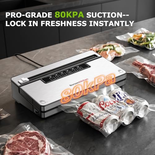 Bonsenkitchen Vacuum Sealer Machine with 1 Roll & 5 Airtight Bags, 5 Vacuum Modes, 80 kPa Powerful Suction, Built-in Cutter & Bag Storage – Silver