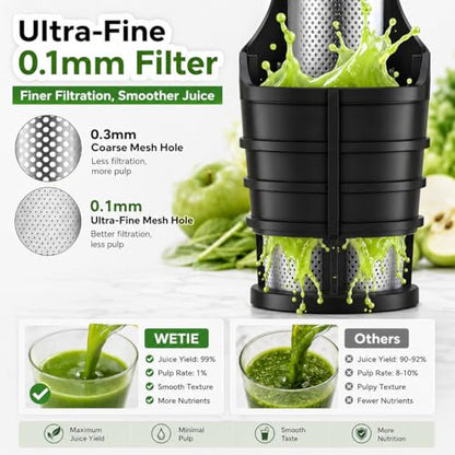 WETIE Cold Press Juicer, Powerful Juicer Machines with Adjustable Juicing Pressure, 99% High Juice Yield, Quiet Slow Masticating Juicer with Touch Screen, 3.54'' Feed Chute, Easy to Clean with Brush