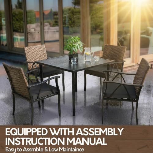 Andehomy 5-Piece Patio Dining Set for 4, Outdoor Dining Set with 4 Wicker Patio Dining Chairs with Cushions & 1 Black Square Woodgrain Dining Table with 1.75" Market Umbrella Hole, Black & Brown