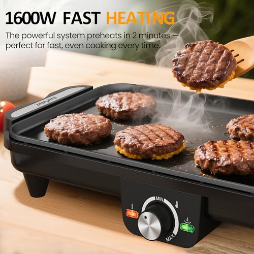 SUNVIVIPRO Electric Griddle Indoor, 1600W Large Flat Top Grill with 17.5" x 9" Nonstick Plates, 2 Cooking Zone with Adjustable Temp, Pancake Egg Maker with Drip Tray, Indicator Light