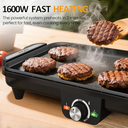 SUNVIVIPRO Electric Griddle Indoor, 1600W Large Flat Top Grill with 17.5" x 9" Nonstick Plates, 2 Cooking Zone with Adjustable Temp, Pancake Egg Maker with Drip Tray, Indicator Light