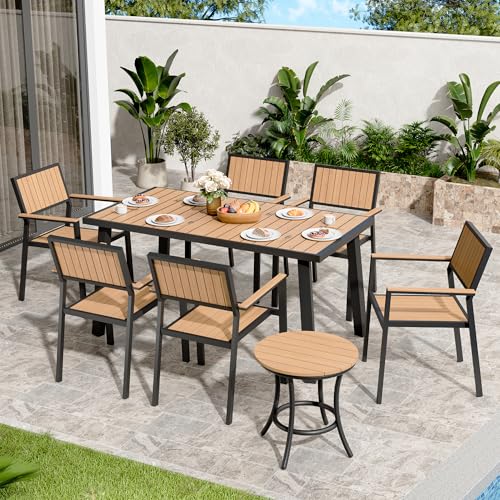 PATIOPIA 8-Piece Patio Dining Set, Outdoor Weather-Resistant Plastic-Wood Table & 6 Stackable Chairs, Outdoor Durable Aluminum Frame Furniture for Garden, Poolside, Backyard, Orange