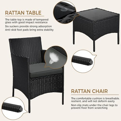 Yaheetech 3 Pieces Patio Porch Furniture Set, Outdoor PE Rattan Wicker Conversation Set with Soft Cushions, Glass Coffee Table & 2 Chairs for Garden/Deck/Courtyard/Poolside, Black/Gray