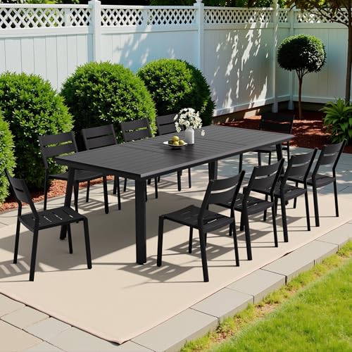 PATIOHIT 11-Piece Aluminum Outdoor Dining Set, 94" Extra Large Rectangular Patio Table and Stackable Armless Chairs Rust Proof Furniture for Family Gatherings BBQs Parties, Black