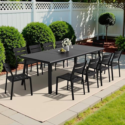 PATIOHIT 11-Piece Aluminum Outdoor Dining Set, 94" Extra Large Rectangular Patio Table and Stackable Armless Chairs Rust Proof Furniture for Family Gatherings BBQs Parties, Black