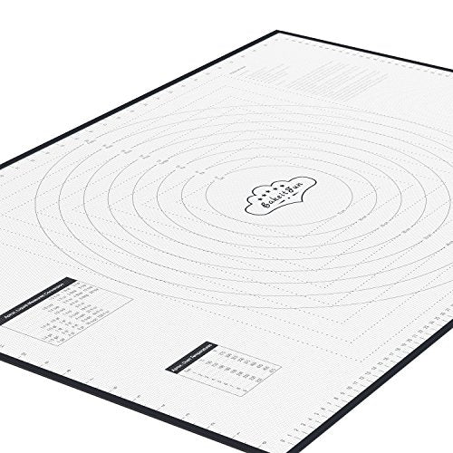 BakeitFun XX-Large Silicone Pastry Mat 33.5 x 22.5 in nonstick surface with inch and cm guides, concentric circles, conversion charts, BPA free, heat safe to 450°F, dishwasher safe