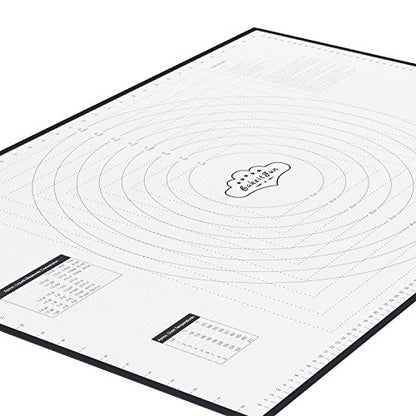 BakeitFun XX-Large Silicone Pastry Mat 33.5 x 22.5 in nonstick surface with inch and cm guides, concentric circles, conversion charts, BPA free, heat safe to 450°F, dishwasher safe