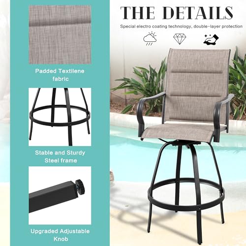Vongrasig 5 Piece Patio Swivel Bar Set, All Weather Metal Textilene High Stools Chair Set of 4 and Glass Table, Outdoor Top Bistro for Lawn Garden, Balcony, Taupe Padded Gray VG-HGB4C1T