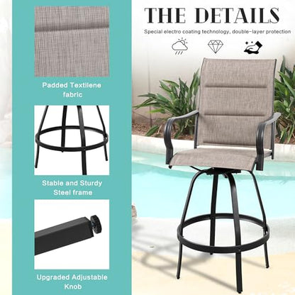 Vongrasig 5 Piece Patio Swivel Bar Set, All Weather Metal Textilene High Stools Chair Set of 4 and Glass Table, Outdoor Top Bistro for Lawn Garden, Balcony, Taupe Padded Gray VG-HGB4C1T