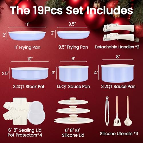 Chef Power Ceramic Nonstick Pots and Pans Set 19 Piece with Detachable Handle, Induction Dishwasher Oven Safe Cookware Set, RV Kitchen Set Removable Handle (Light Purple)
