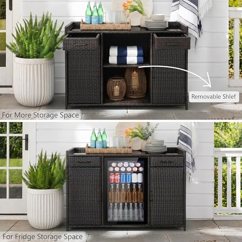 LUMISOL Outdoor Wicker Storage Cabinet with Fridge Space, Patio Bar Table with Adjustable Shelves & Drawers, Outdoor Mini Fridge Bar Cabinet for Pool Garden Kitchen, Black+Brown