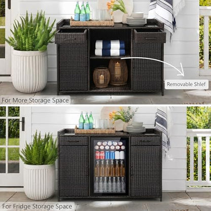 LUMISOL Outdoor Wicker Storage Cabinet with Fridge Space, Patio Bar Table with Adjustable Shelves & Drawers, Outdoor Mini Fridge Bar Cabinet for Pool Garden Kitchen, Black+Brown