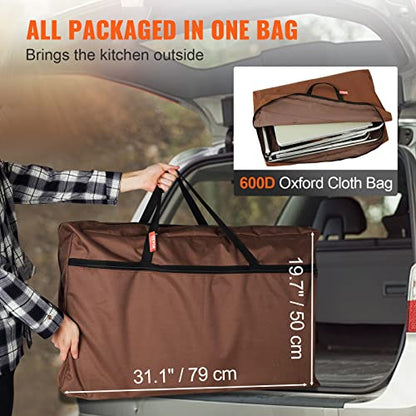 VEVOR Camping Kitchen Table, Folding Outdoor Cooking Table with Storage Carrying Bag, Aluminum Cook Station 3 Cupboard & Detachable Windscreen, Quick Set-up for Picnics, BBQ, RV Traveling, Brown