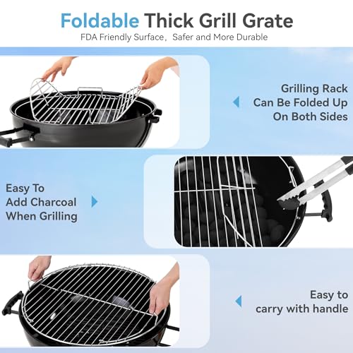 22 inch Kettle Charcoal BBQ Grill with Wheels for Outdoor Cooking