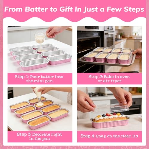 NPLUX Mini Cake Pans with Lids and Spoons, 50 Pack Pink Mini Loaf Pans with Lids, Mini Cake Containers for Baking, Mini Cheesecake and Party Desserts, Individual Cake Pans with Lids