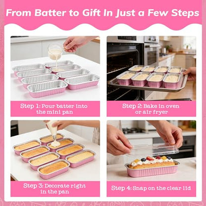 NPLUX Mini Cake Pans with Lids and Spoons, 50 Pack Pink Mini Loaf Pans with Lids, Mini Cake Containers for Baking, Mini Cheesecake and Party Desserts, Individual Cake Pans with Lids