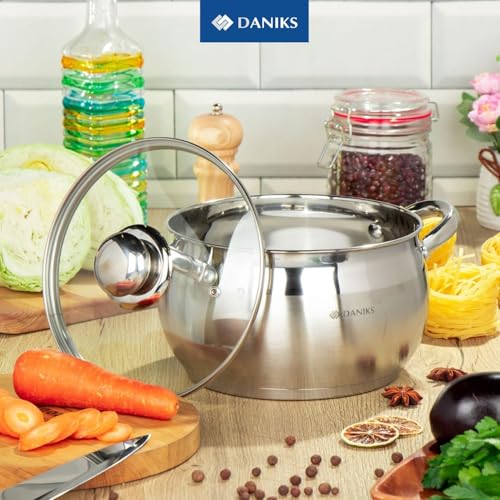 Daniks Classic 2 Quart Stainless Steel Stock Pot with Glass Lid, Tri-Ply Bottom for Even Heating, Induction Compatible, Dishwasher Safe