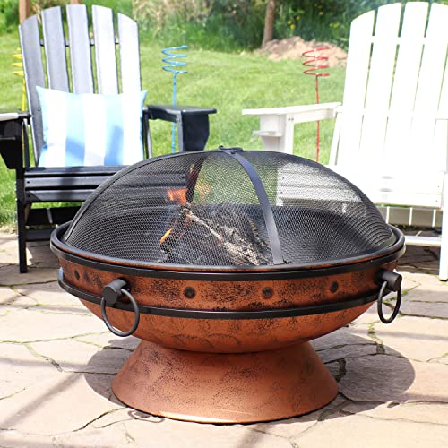 Sunnydaze 30-Inch Large Outdoor Fire Pit - Wood Burning Fire Pit for Outside with Poker and Screen - Copper Finish - Royal Cauldron