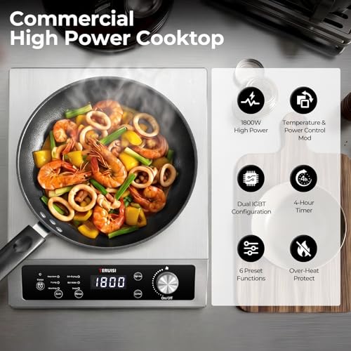 TERUISI Commercial Induction Cooktop, 1800W Electric Wok Cooker with Concave Surface, 4H Timer, 6 Preset, 8 Temp Levels, Portable Induction Burner for Kitchen Cooking, 12.6" Carbon Steel Wok Included