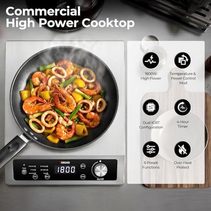 TERUISI Commercial Induction Cooktop, 1800W Electric Wok Cooker with Concave Surface, 4H Timer, 6 Preset, 8 Temp Levels, Portable Induction Burner for Kitchen Cooking, 12.6" Carbon Steel Wok Included