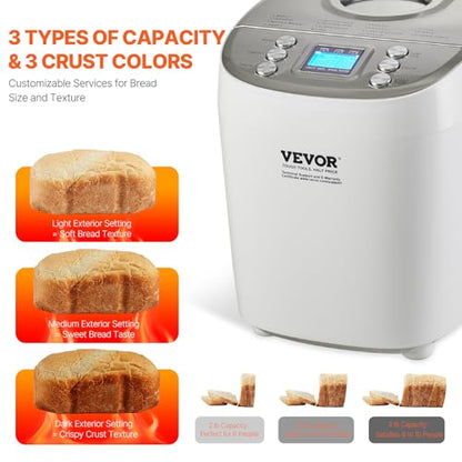 VEVOR Bread Maker, Dough Machine 15 Menus in 1, Non-Stick Ceramic Pan Automatic Breadmaker with Non-Gluten Setting, Whole Wheat Bread Making, Digital, Programmable, 3 Loaf Sizes, 3 Crust Colors, White