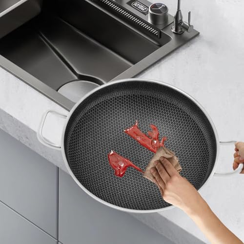 Wtobybt 36cm/14in Stainless Steel Pan with Lid, Double-Handled Frying Pan Hybird Induction Cooking Pans Round Wok for Induction Cookers Electric Ceramic Stoves Electric Stoves
