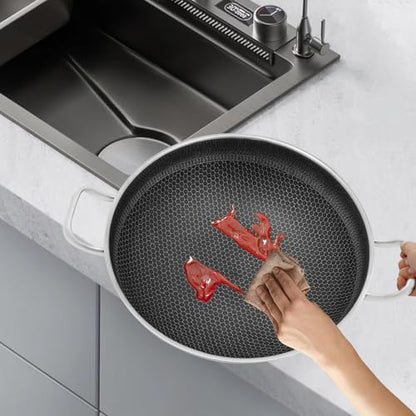 Wtobybt 36cm/14in Stainless Steel Pan with Lid, Double-Handled Frying Pan Hybird Induction Cooking Pans Round Wok for Induction Cookers Electric Ceramic Stoves Electric Stoves