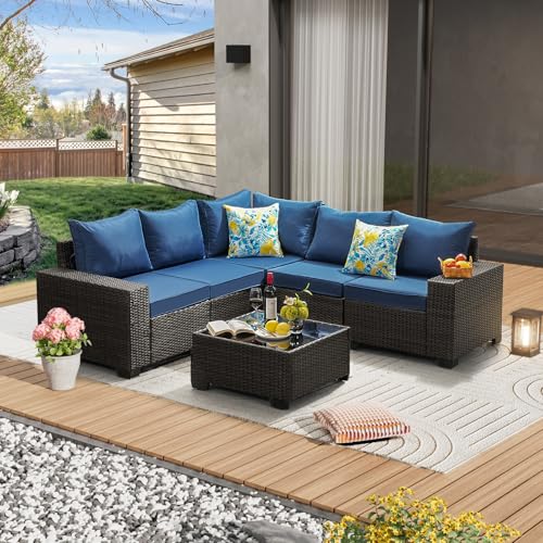 JOYURE 6 Pieces Patio Furniture Set All-Weather Outdoor Wicker Sectional Conversation Sofa Rattan Patio Seating Sofa with Cushion and Glass Table for Porch Poolside,Navy