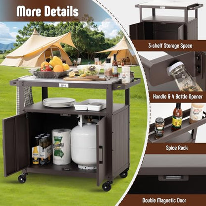 Feasto Outdoor Grill Cart with Stainless Steel Tabletop and Storage Cabinet, Movable Kitchen Island with Wheels for BBQ Food Prep, Brown