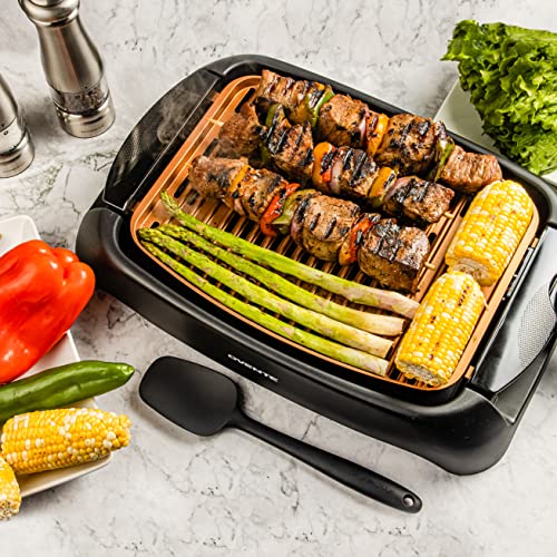 OVENTE Electric Indoor Grill with 13x10 Inch Non-Stick Cooking Surface, 1000W Fast Heat Up Power, Adjustable Temperature, Removable and Dishwasher Safe Grilling Plate and Drip Tray, Copper GD1632NLCO