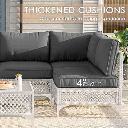 Vikiullf Patio Conversation Set, 7 Piece Outdoor Sectional Sofa Set with Coffee Table, White Wicker with Grey Cushions (White and Grey, 7 piece)