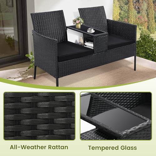 Kromax Wicker 2 Seat Patio Loveseat, Outdoor Rattan Loveseat with Table