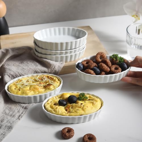 SumitlEyao 4-Piece Porcelain Baking Dish Set - 4 OZ 5.2 Inch Small Ramekins Pie Pans, Oven Safe Ramekins for Quiche, Tart, Dessert, Creme Brulee, Au Gratin | Stackable, Dishwasher Safe