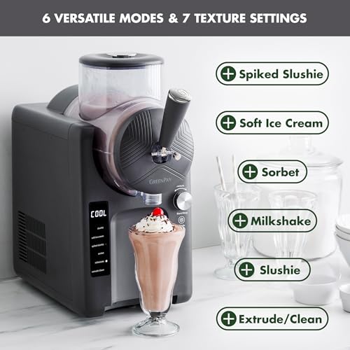 GreenPan Frost Ice Cream Maker & Slushie Machine, Soft Serve, Sorbet, Margaritas, Milkshakes, Frozen Yogurt, No Pre-Freezing, Ready in 15 Mins, 6 Modes, 7 Textures, Self-Cleaning, Family Size, Gray