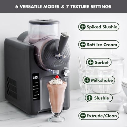 GreenPan Frost Ice Cream Maker & Slushie Machine, Soft Serve, Sorbet, Margaritas, Milkshakes, Frozen Yogurt, No Pre-Freezing, Ready in 15 Mins, 6 Modes, 7 Textures, Self-Cleaning, Family Size, Gray