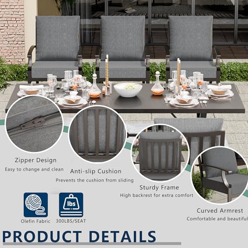 ASJMR 7 Piece Outdoor Dining Set for 6, Metal Patio Table and Chairs with Cushions, Patio Furniture Set with 2 Swivel Chairs, Rectangular Patio Dining Table with Umbrella Hole, Lawn Deck, Yard-Grey