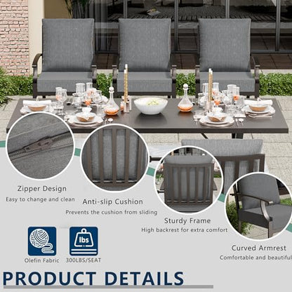 ASJMR 7 Piece Outdoor Dining Set for 6, Metal Patio Table and Chairs with Cushions, Patio Furniture Set with 2 Swivel Chairs, Rectangular Patio Dining Table with Umbrella Hole, Lawn Deck, Yard-Grey