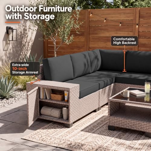 Aukreolis 16 Pieces Patio Furniture Set with Fire Pit Table, Outdoor Sectional Wicker Sofa with Thick Cushions, High Back Swivel Rocker Patio Chairs, Rattan Conversation Set with Coffee Table, Black