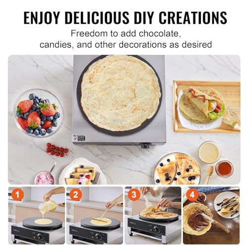 VEVOR Electric Crepe Maker, 16-Inch Commercial Crepe Machine, 1700W Flat Plate Crepe Griddle, Nonstick Stainless Steel Pancake Making Machine, Desktop Circular Cereals Pancake Stove with Temp Control
