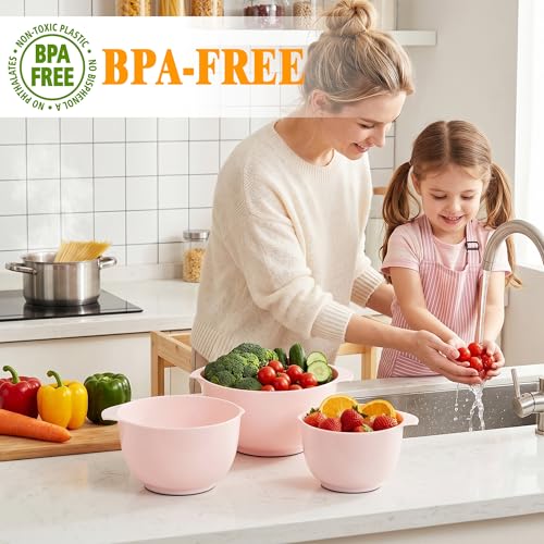 BoxedHome Nesting Plastic Mixing Bowl Set, 4 Piece Mixing Bowl Set with Pour Spouts, Size 1.7, 2.5, 3.5 and 4.5qt, for Prepping, Mixing, Baking, Cooking(2023 New Version, Pink)
